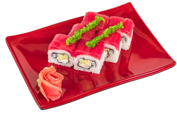 Maki sushi - roll vyrobené z kraba, avokádo, okurka uvnitř. čerstvý — Stock fotografie