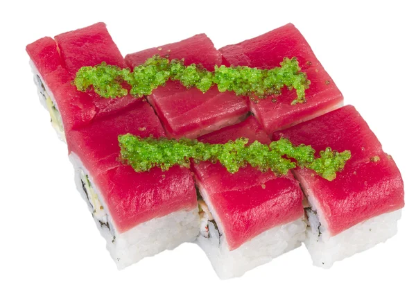 Maki sushi - rulle tillverkad av krabba, avokado, gurka inuti. färska — Stockfoto