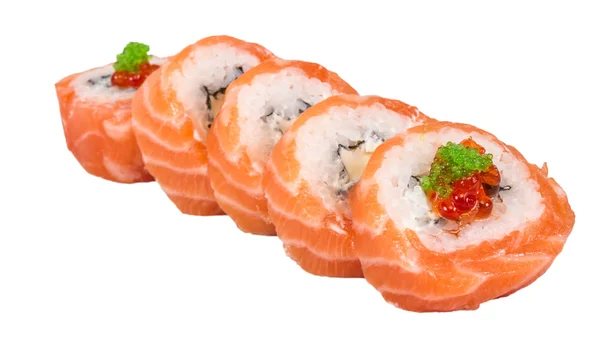 Sushi japonês comida japonesa tradicional.Rolo feito de salmão, re — Fotografia de Stock