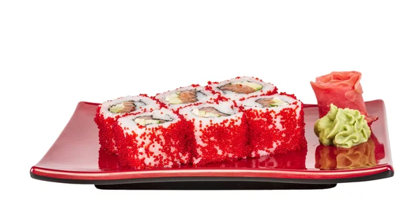 Tobiko pittig maki sushi - hete rollen met verschillende type tobiko ( — Stockfoto