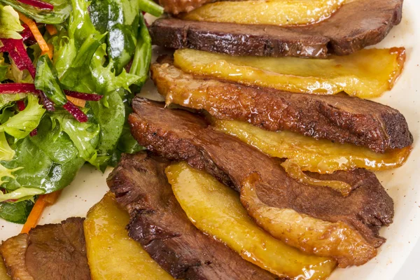 stock image Duck fillet, mashed potatoes seasoned with truffle oil, fig and