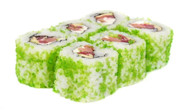 Tobiko pittig maki sushi - hete rollen met verschillende type tobiko ( — Stockfoto
