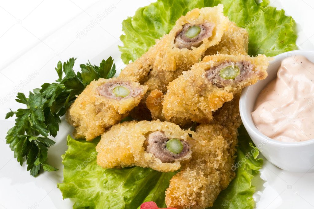 Japanese style pork cutlet with carrot and asparagus Stock Photo by