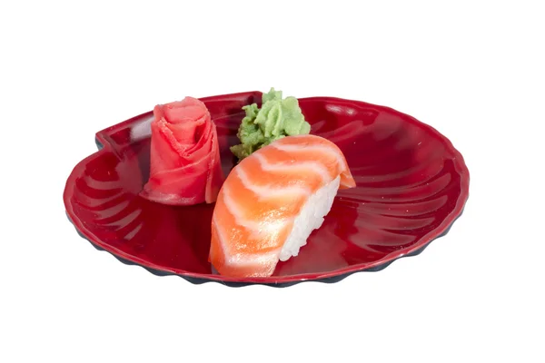 Studio skjuta av japansk sushi Vakili med lax på vit backgro — Stockfoto