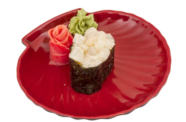 Fűszer sushi hotate elszigetelt whi fésűkagyló sauced szelet — Stock Fotó