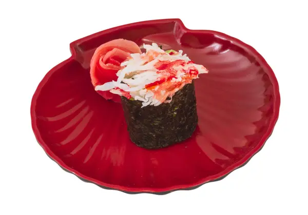 Sushi kani met sauced segmenten van krab garnalen geïsoleerd op witte b — Stockfoto