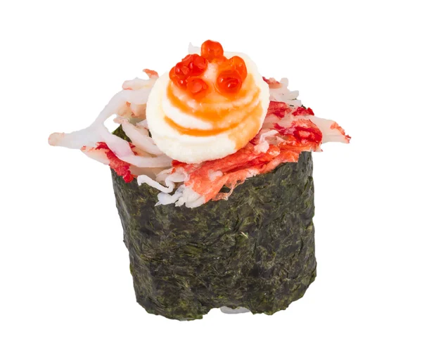 用酱汁切片的白色 b 上孤立的蟹虾寿司卡尼 — 图库照片