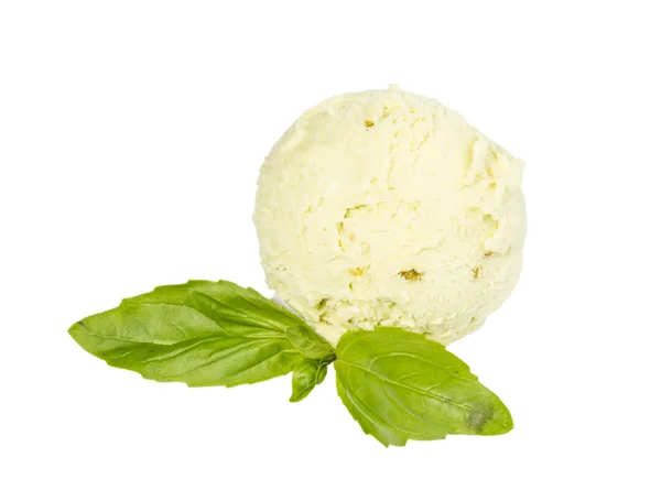 Scoop of pistachio ice cream from top on white background with m — Stock Photo, Image