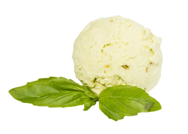 Scoop of pistachio ice cream from top on white background with m — Stock Photo, Image