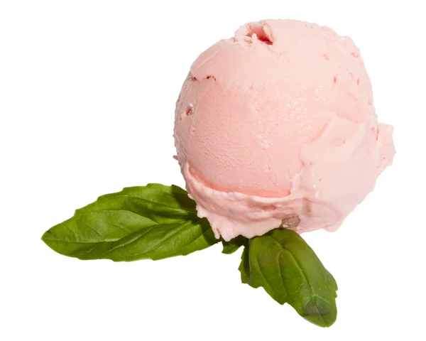 Cuchara de helado de fresa de arriba sobre fondo blanco con —  Fotos de Stock