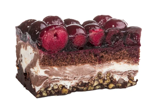 Bolo de chocolate com cereja em cima em um fundo branco — Fotografia de Stock
