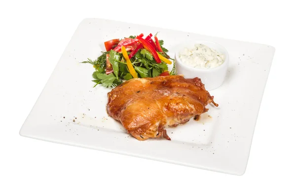 stock image Roasted chicken with vegetables on a white plate