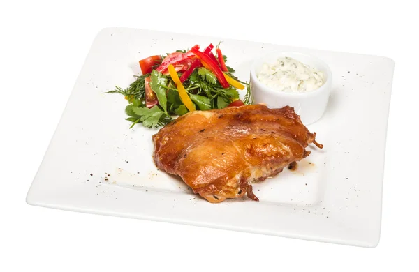 stock image Roasted chicken with vegetables on a white plate