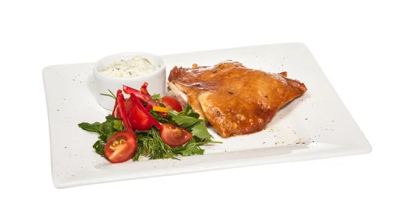 stock image Roasted chicken with vegetables on a white plate