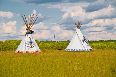 An indian teepee set up in a meadow among pine woods clipart