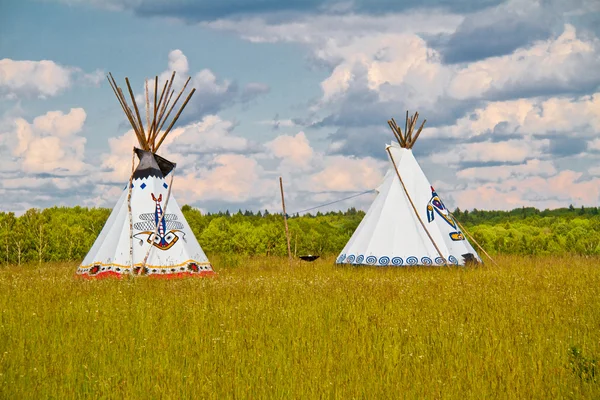 An indian teepee set up in a meadow among pine woods (portrait o — Stock Photo, Image