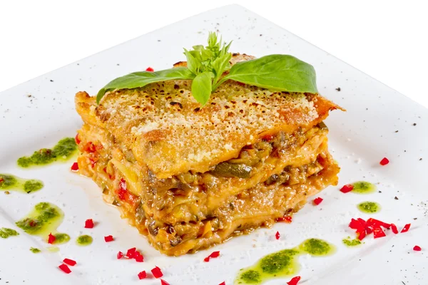 stock image Closeup of lasagna and basil fork