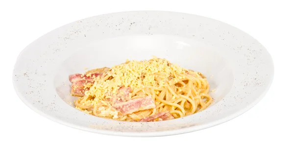 Makaron spaghetti carbonara z boczkiem i grzybami — Zdjęcie stockowe