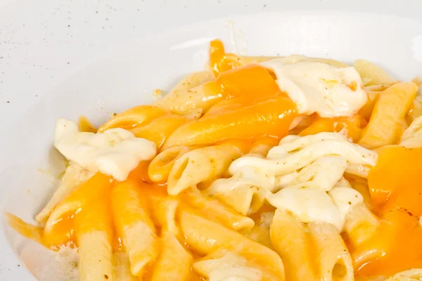 Penne pasta met parmezaan, dor blauw, chamamber en mozzarella — Stockfoto