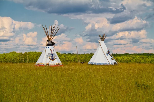 An indian teepee set up in a meadow among pine woods (portrait o
