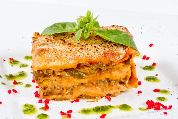 stock image Closeup of lasagna and basil fork