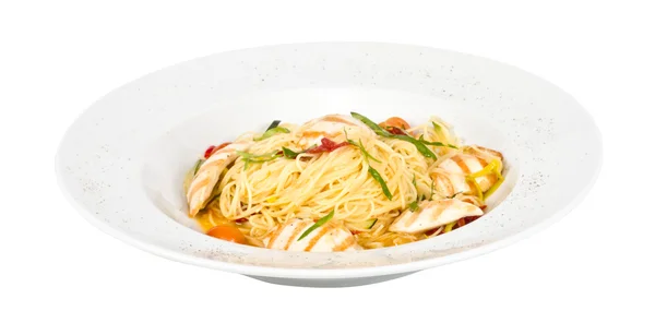 Close-up of plate of pasta and chicken — Stock Photo, Image