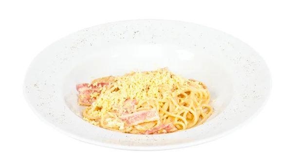 Макарони спагетті карбонара з беконом та грибами — стокове фото