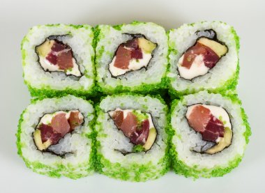 tobiko baharatlı maki sushi - sıcak rulo tobiko çeşitli tip (