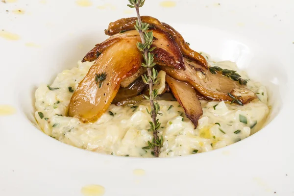 stock image Photo of delicious risotto dish with herbs and mushrooms on whit