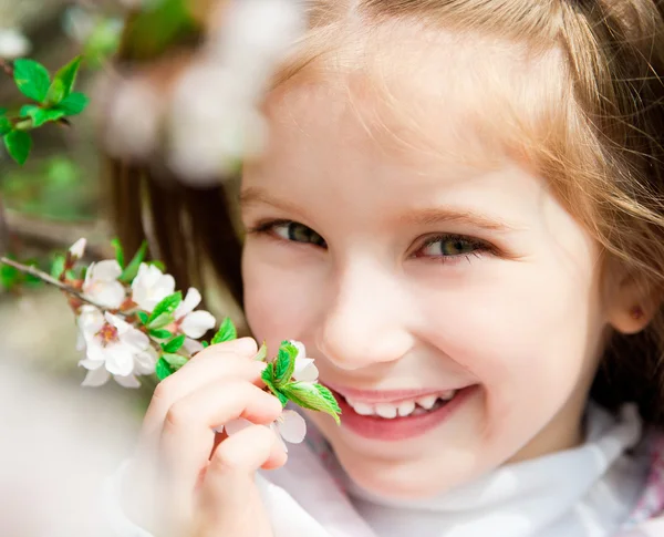 Kislány bush virágzó — Stock Fotó