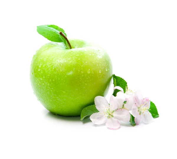 Green apple with spring flowers — Stock Photo, Image