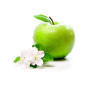 Green apple with spring flowers