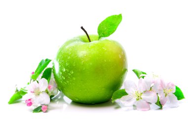 Green apple with spring flowers