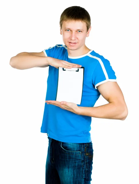 Young men show blank — Stock Photo, Image
