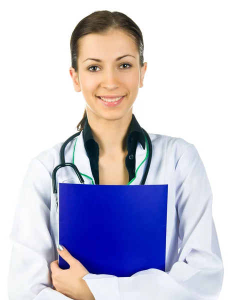 Medico sorridente donna con stetoscopio — Foto Stock