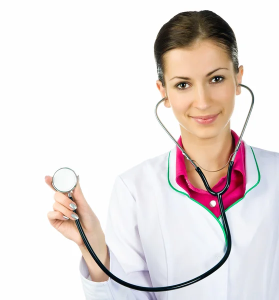 Leende läkare kvinna med stetoskop — Stockfoto