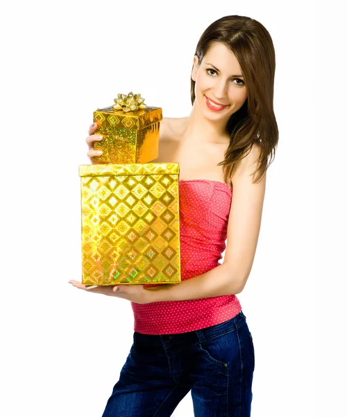 Mooie jonge vrouw met geschenken — Stockfoto
