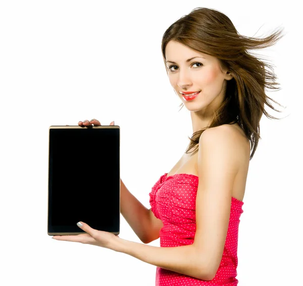 Mulher bonita morena segurando laptop — Fotografia de Stock