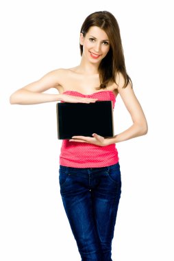Beautiful brunnete woman holding laptop clipart