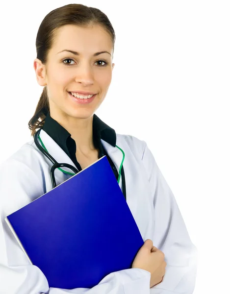 Medico sorridente donna con stetoscopio — Foto Stock