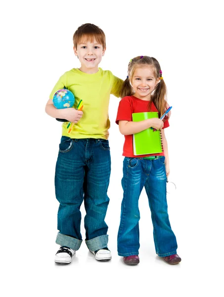 Kids with notebook and globe — Stock Photo, Image