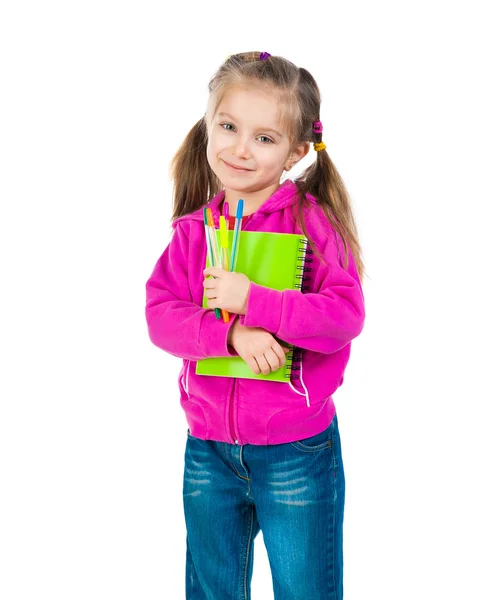 Roztomilá školačka s notebookem — Stock fotografie