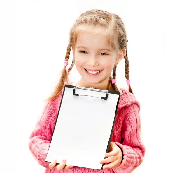 Little girl with white blank — Stock Photo, Image