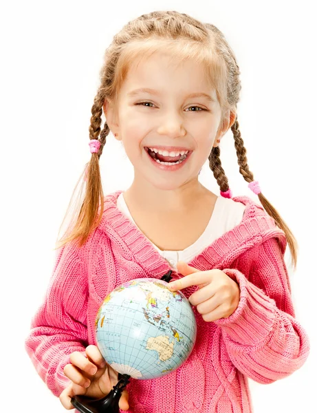 Chica con un globo del mundo — Foto de Stock