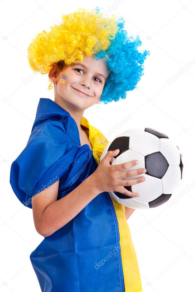 Football fan with ukrainian flag on a white background