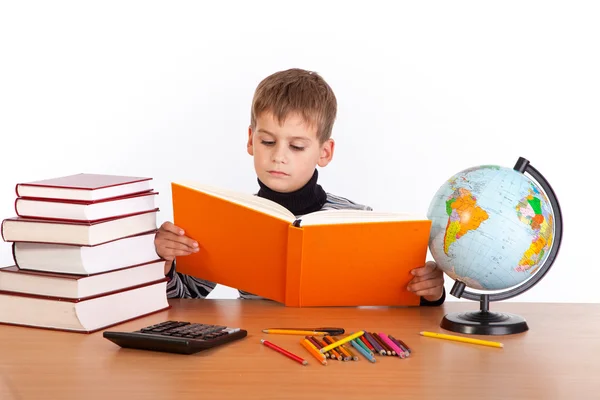 Söt skolpojke läser en bok — Stockfoto