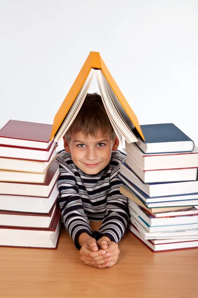 स्कूलबॉय आणि पुस्तके एक ढीग — स्टॉक फोटो, इमेज