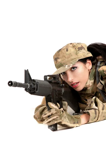 Beautiful army girl with rifle is aiming — Stock Photo, Image