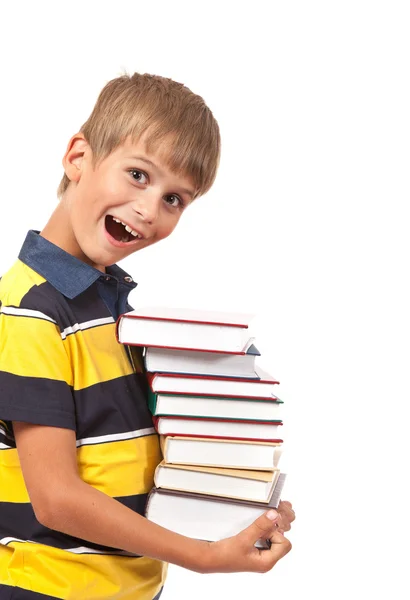 O rapaz da escola tem livros. — Fotografia de Stock