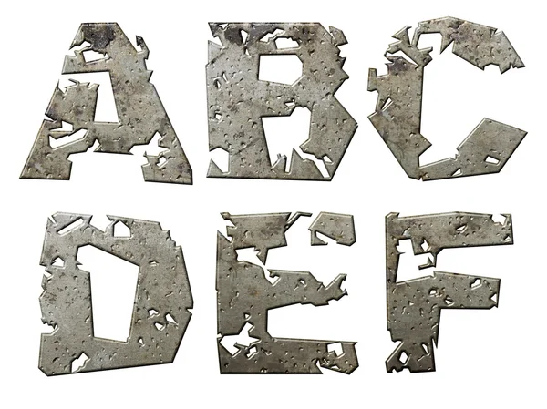 Serie de letras de hierro con borde roto aislado sobre fondo blanco . — Foto de Stock